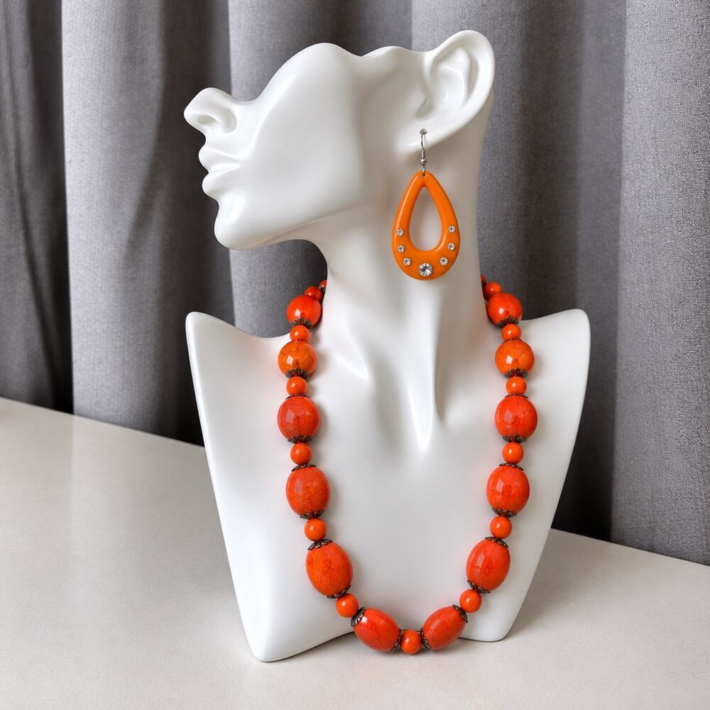 Vintage 80s 90s Orange Rhinestone Teardrop Dangle Earrings Retro Statement